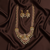 Antique Polish Nakshi Long Haram With Earrings And Kempu Stones - NH00514
