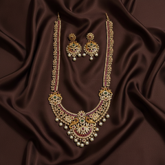 Antique Polish Nakshi Long Haram With Earrings And Kempu Stones - NH00514