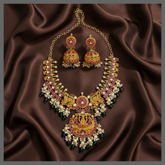 Beautiful Lakshmi pendent with peacock in Kundan Necklace - KN00286