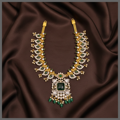 Beautiful Peacock with White and Emerald Stone Necklace in Kundan - KN00528