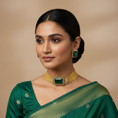 Gold Polish Eemrald Stone Choker with Emerald Studs With Screw - NN00884