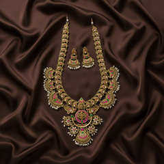 Jadau Broad Pattern Rice Pearl Gold Replica haram With Earrings - KH00390