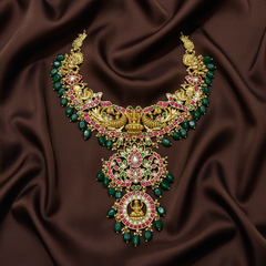 Jadau Gold polish Lakshmi Double step pendant set - KN00660
