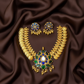 Jadau Kasu Necklace With Blue And Green Lotus Pendant - KN00666