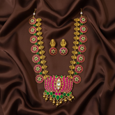 Jadau Bottu Haram With Lotus Pendant And Earrings - KH00431