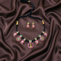Jadau Black Dori With Lakshmi Pendant and Screw Back Earrings - BD00150