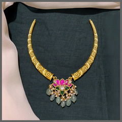 Antic Kante with Multi Colour Lotus in Kundan - KN00537