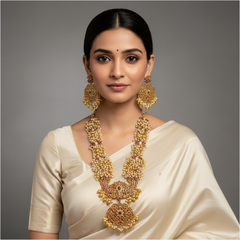 Beautiful Nakashi Haram in White Pearls Kundan Pendant & Matching Earrings - NH00349
