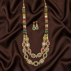 Beautiful Silver Replica Navaratna and Ruby 2 Line Haram - NH00472
