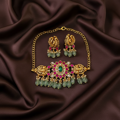 Ruby Flower Jadau Necklace with Earrings - KN0054