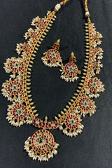 Jadau Long Guttipusalu Haram With Rice Pearls - KH00221