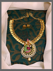 Lakshmi Kasu Necklace With Beautiful Peacock In Nakshi - NN00314
