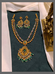 Double Layer Necklace in Beads and Ruby Stone with Flower Pendant in Nakshi - NN00659