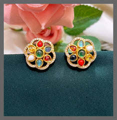 Multi Color Flower Stud In Nakshi - NE00421