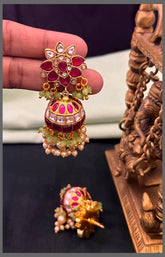 Beautiful Flower Ruby and White Stone Jhumki In Kundan - KE00562
