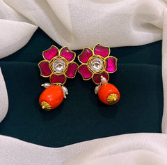 Coral Beaded Flower Stud in Kundan-KE00170