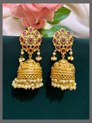 Ruby Flower Jhumki With White Pearl In Nakshi - NE00397