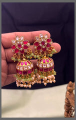 Beautiful Flower Ruby and White Stone Jhumki In Kundan - KE00562