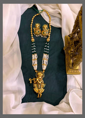 White and Green Pearl Haram With Krishna - PB00194