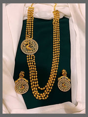 Gold Beads Haram With Side Peacock Pendent In Nakshi - NH00195
