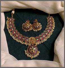 Beautiful Lakshmi and Flower Pendant with Peacock Necklace in Nakshi- NN00639