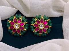 Ruby flower with Green Pearl in Kundan Earring - KE00172