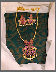 Ruby Peacock Necklace With White Pearl In Nakshi - NN00315