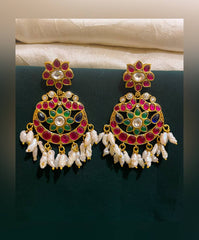 Ruby flower and peacock Shape Hanging ,Rice Peral in Kundan - KE00140
