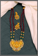 Marron and Green Pearl Haram With Lakshmi Pendant - PB00341