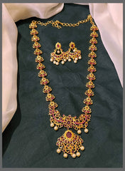 Ruby Flower Haram with Pendant in Nakshi - NH00314