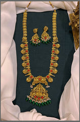 Rich Coral Lakshmi Pendant with Peacock Kassu Haram in Nakshi - NH00326