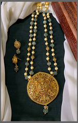 Cream and Mint Pearl Haram With Lakshmi Pendant - PB00475