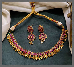 Ruby Necklace With Earrings In Naskhi - NN00733