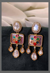 White Stone Stud with Multi colour Flower Hungging Earring in Kundan -KE00554