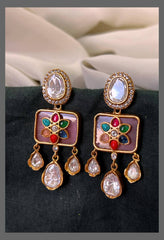 White Stone Stud with Multi colour Flower Hungging Earring in Kundan -KE00554