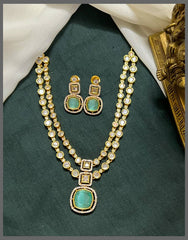 Double Layer White Stone Necklace With Mint Pendant - VN00171