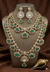 Victorian Mozonite Emerald Layer Long Bridal Haram With Earrings - VH0060