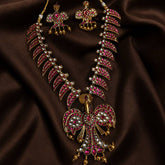 Kempu Stone Gandaberunda Neckalce With Earrings - NN00931