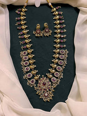 Peacock and Kempu Flower Nakshi Haram In White Polish - NH00321