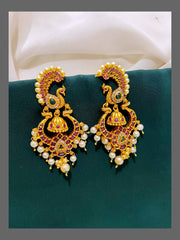 Kempu Peacock Earring With Pearls - NE00481