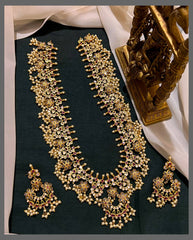 Ruby Flower Haram with Cream Pearl in Nakshi - NH00336