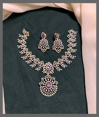 Beautiful Rich Leaf Design White Stone with Purple Stone Necklace in Diamond - DN0057