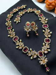 Ruby Stone Flower Naskhi Necklace - NH0095