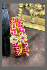Jadau Ruby Bangles with White Flower Screw Open - BG00118