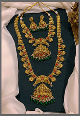 Rich Coral Lakshmi Pendant with Peacock Kassu Bridal set in Nakshi - BR0052