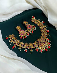 Kempu Flower and Peacock Necklace In Nakshi - NN00653