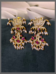 White Stone Lotus with Peacock Hugging Earring in Nakshi - NE00605