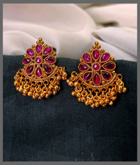 Ruby Flower Earring with Gold beads Hugging in Nakshi - NE00621