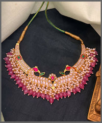 White Stone Peacock Kundan Necklace With Pearls - KN00561