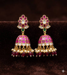Jadau Flower Jhumki With Strawberry Beads - KE00598